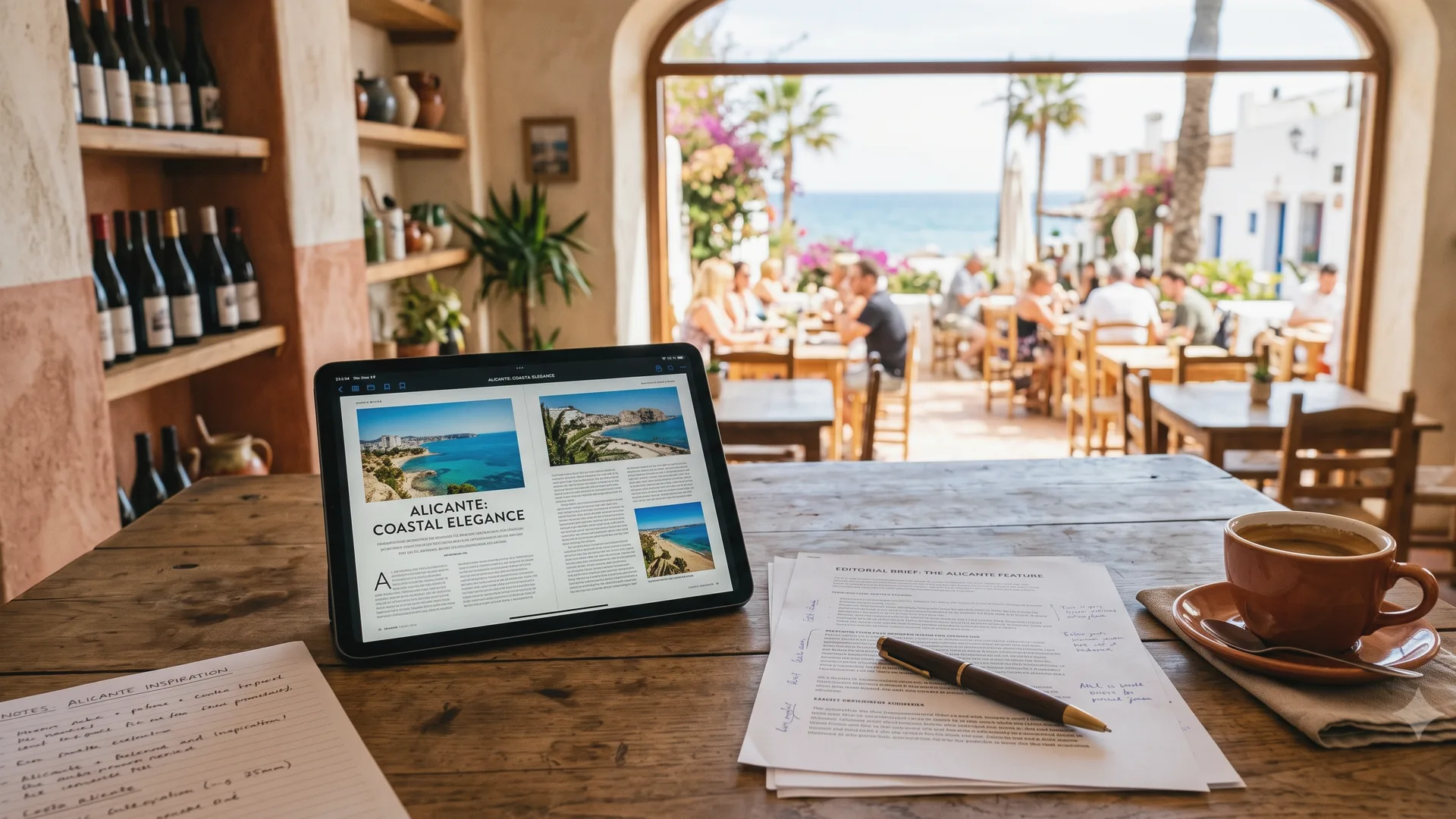 Responsable de un restaurante en Alicante revisando las tablas salariales del convenio de hostelería en una tablet junto a documentos laborales