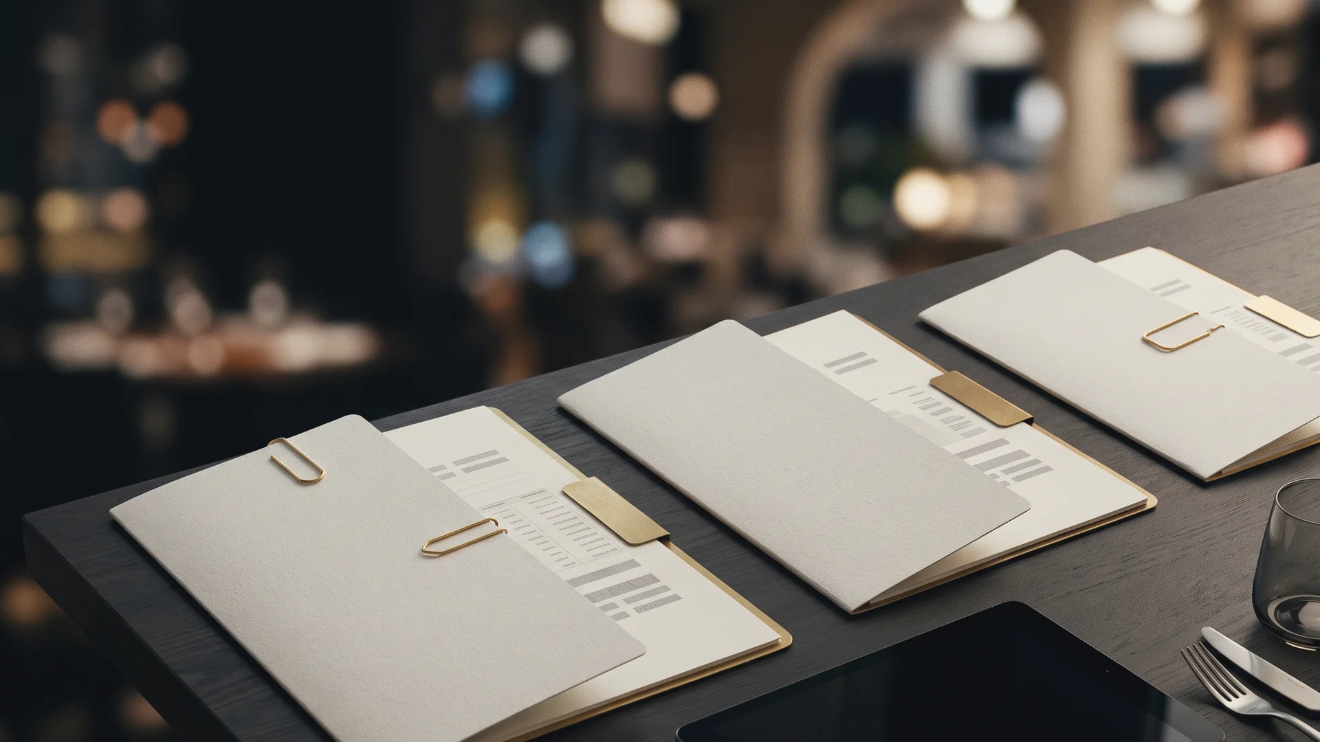 Responsable de un restaurante en Cataluña revisando las tablas salariales del convenio de hostelería en una tablet junto a documentos laborales