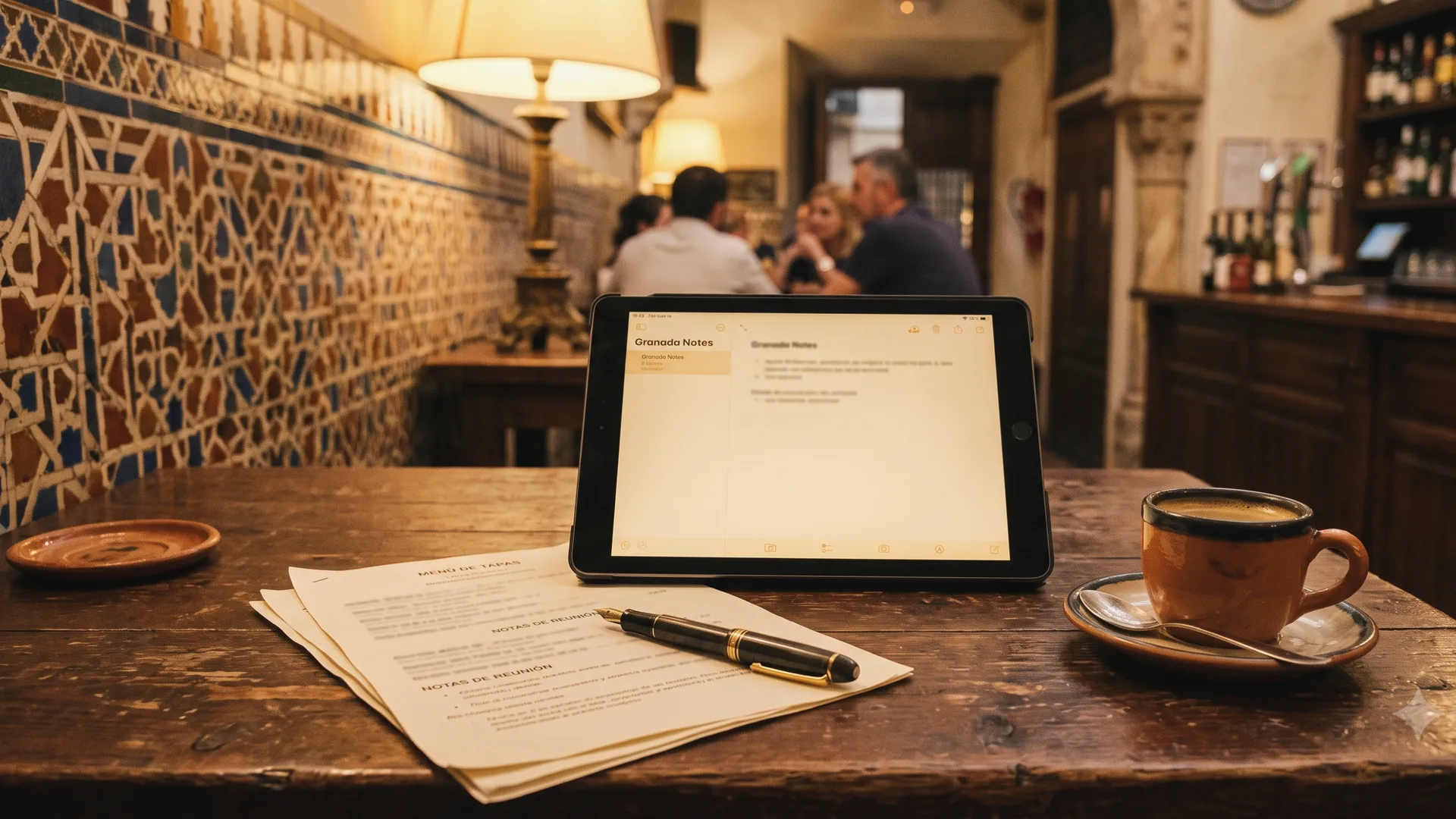 Responsable de un restaurante en Granada revisando las tablas salariales del convenio de hostelería en una tablet junto a documentos laborales
