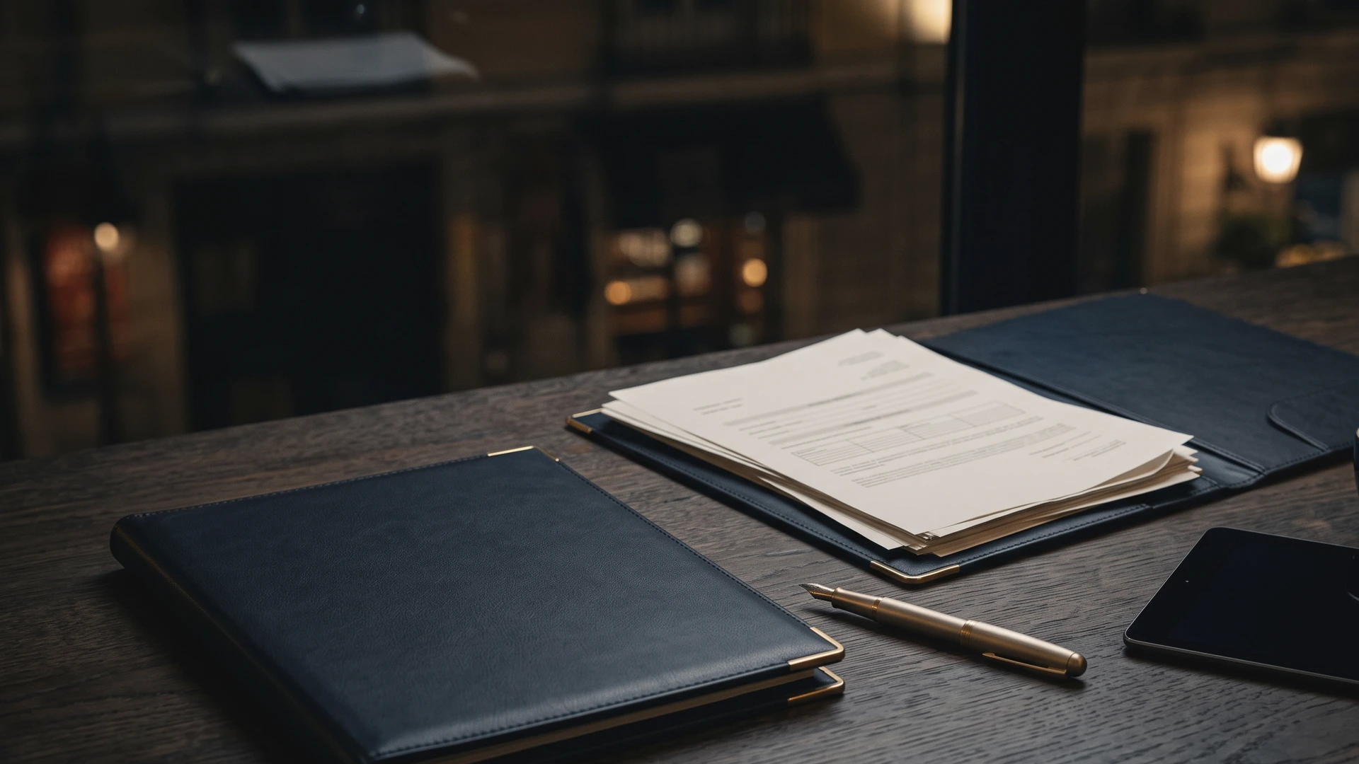 Responsable de un restaurante en Madrid revisando las tablas salariales del convenio de hostelería en una tablet junto a documentos laborales